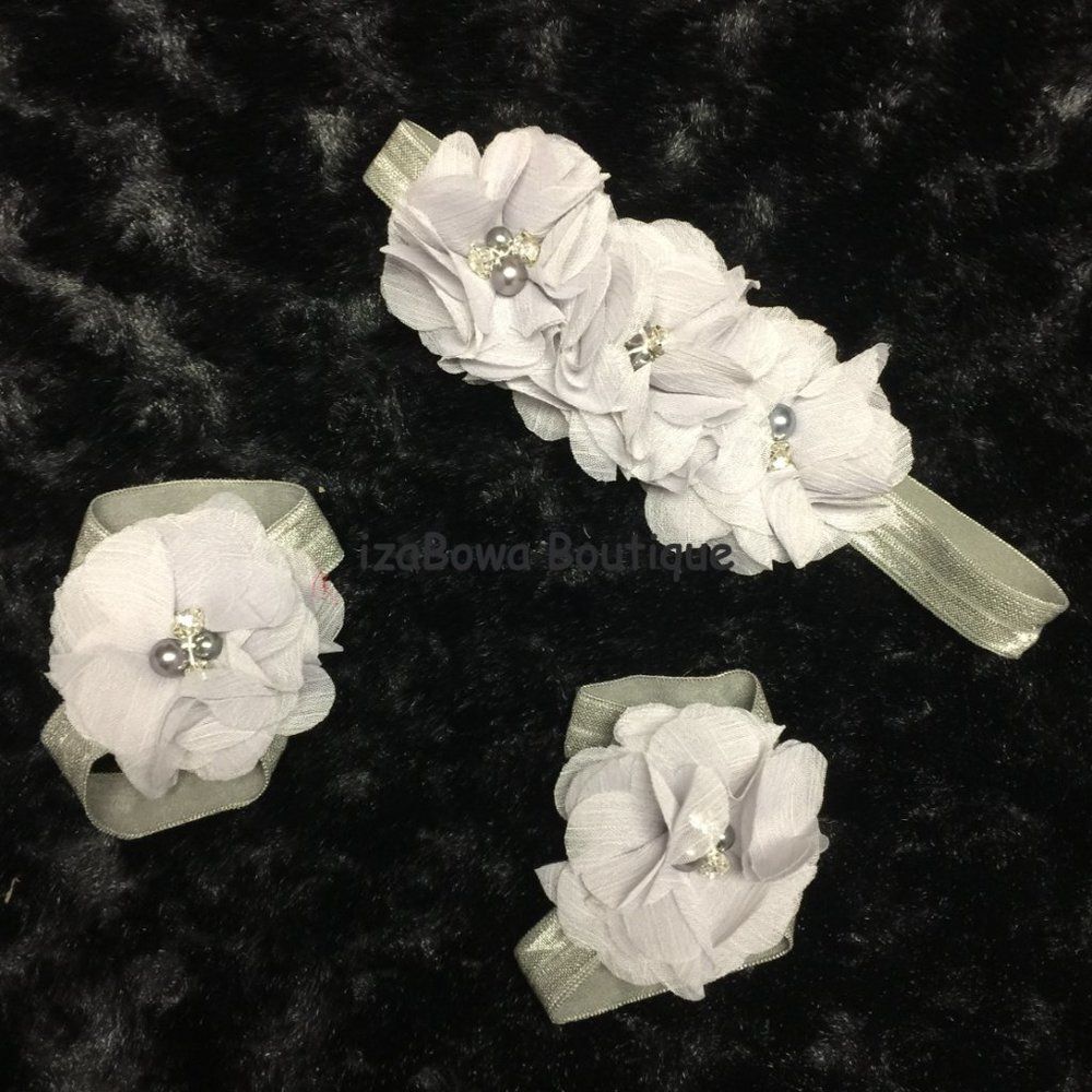 Grey Chiffon Barefoot Sandals & Headband Set  BSS1013  Handmade NWT Boutique